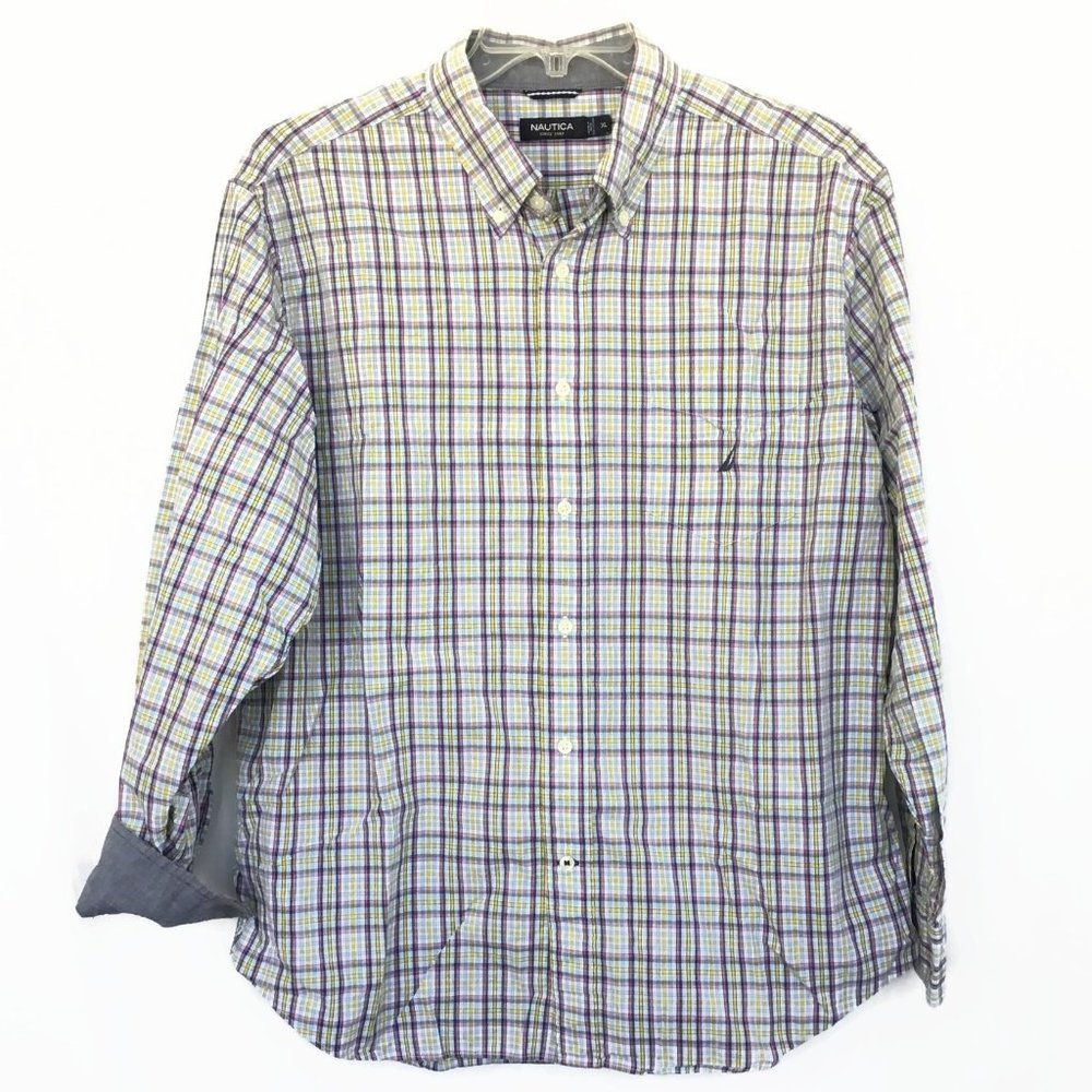 Nautica Men Button Down Shirt XL X-Large Flip Cuff Plaid